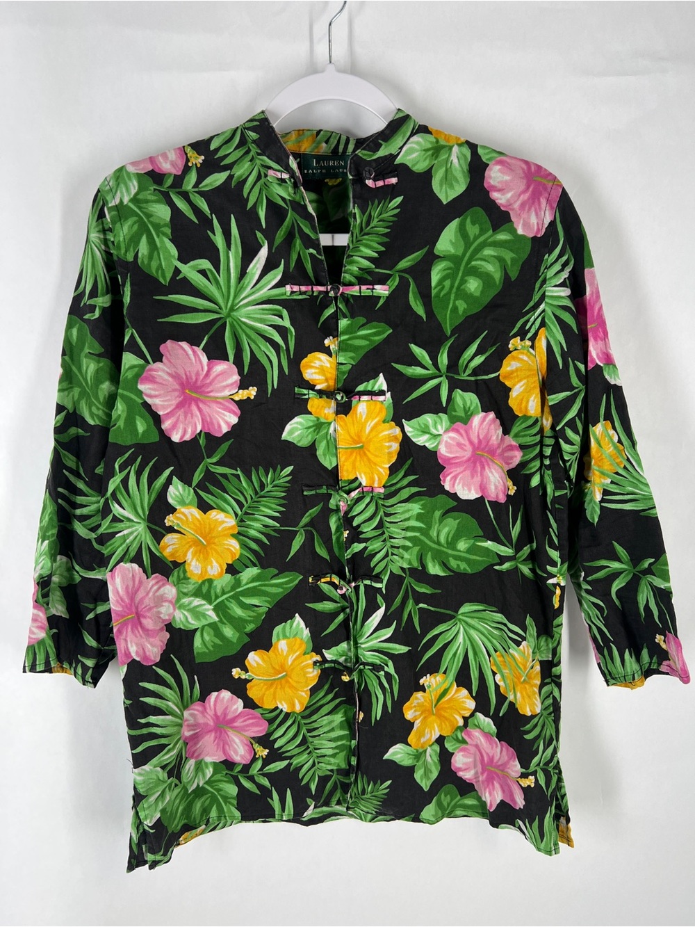 Lauren Ralph Lauren Linen Tropical Hibiscus Frog‎ Closure Tunic